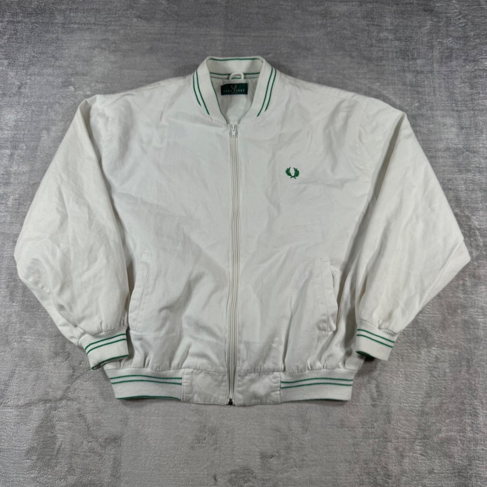 Vintage Fred Perry Jacket Mens Large White Bomber Tipped Zip Up Cotton Mod